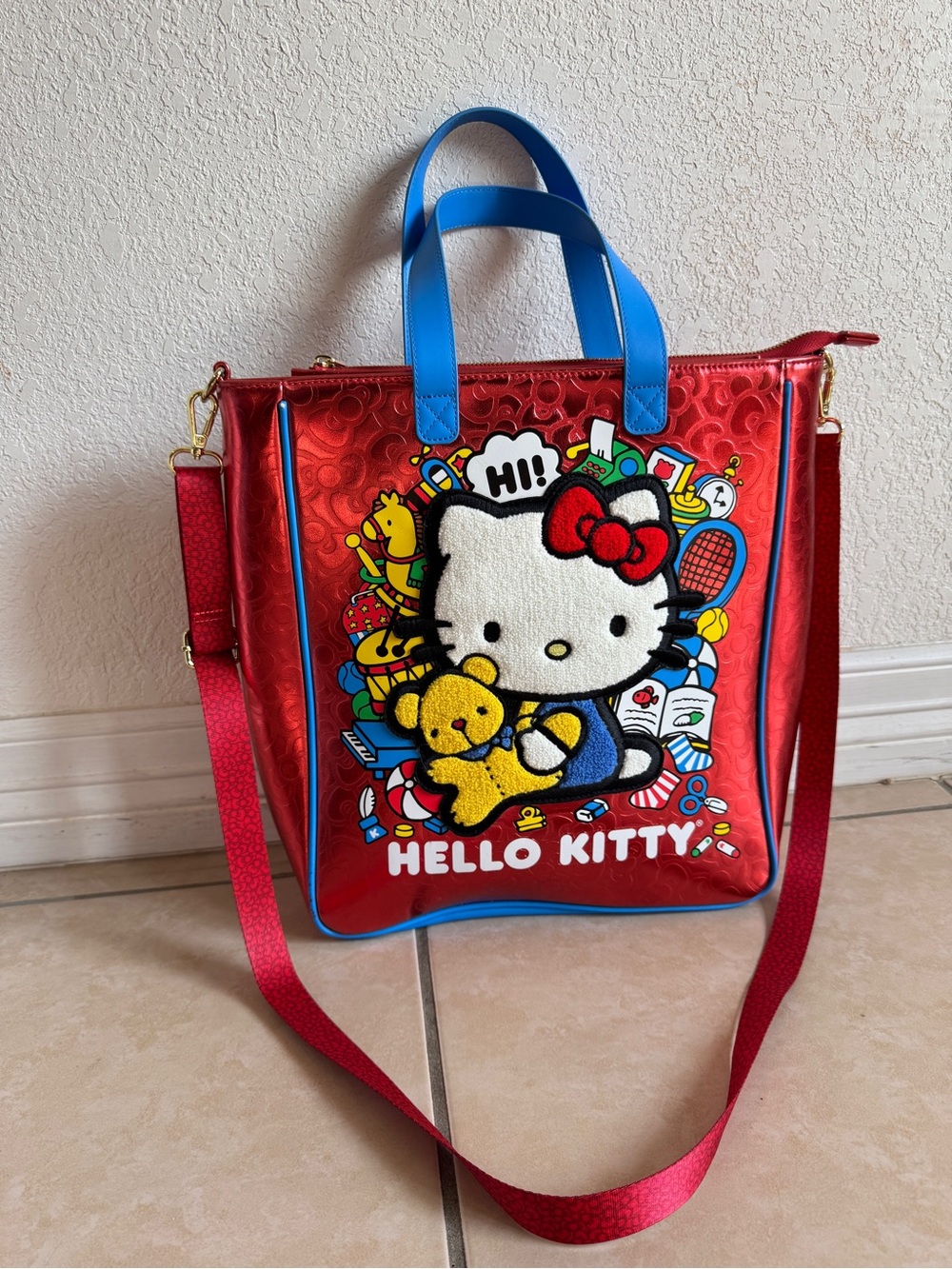 Loungefly 50th Anniversary Red Hello Kitty Tote with Blue Handles